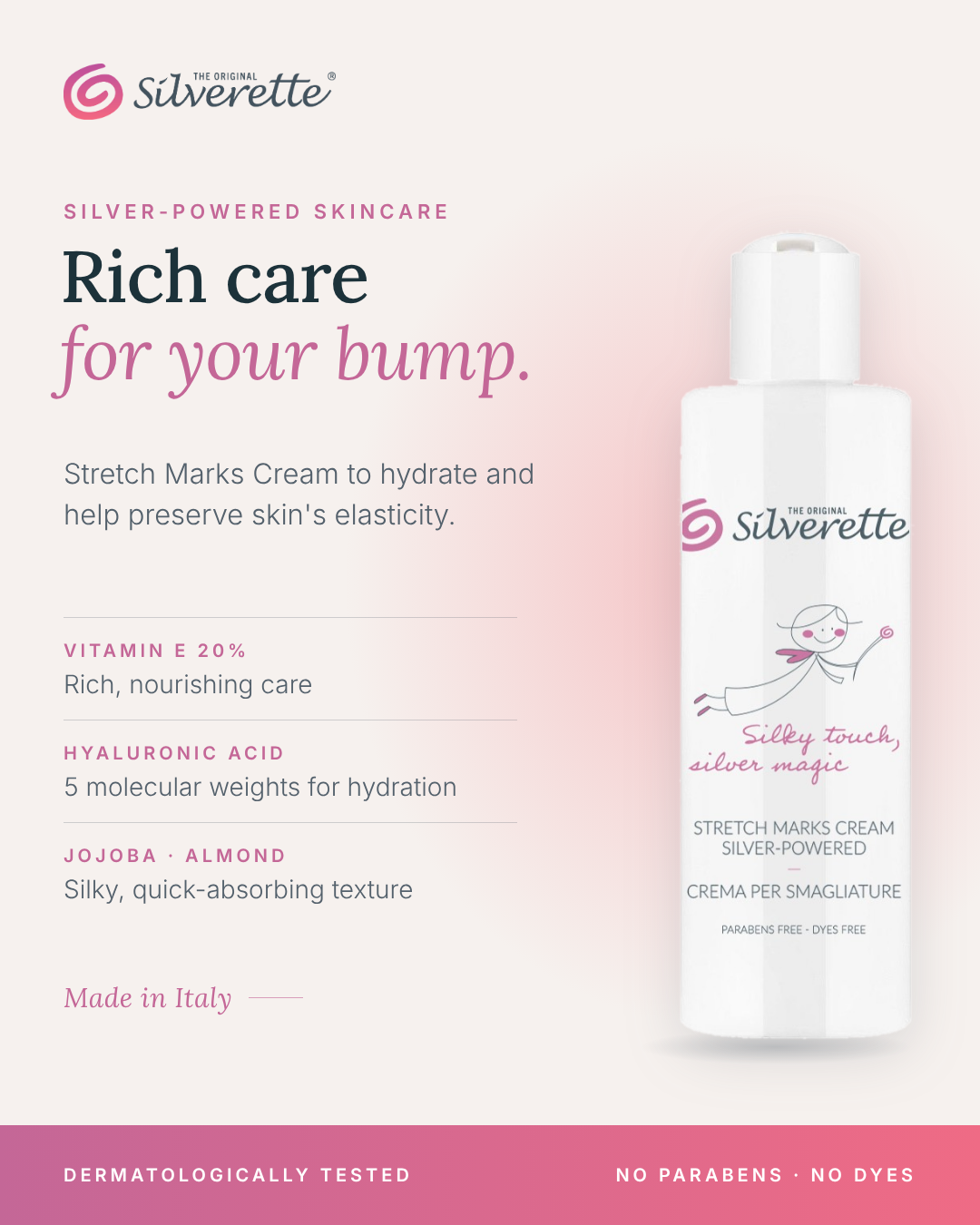 Silverette Stretch Marks Cream Silver-Powered with vitamin E, hyaluronic acid, jojoba and almond oil for pregnancy skin