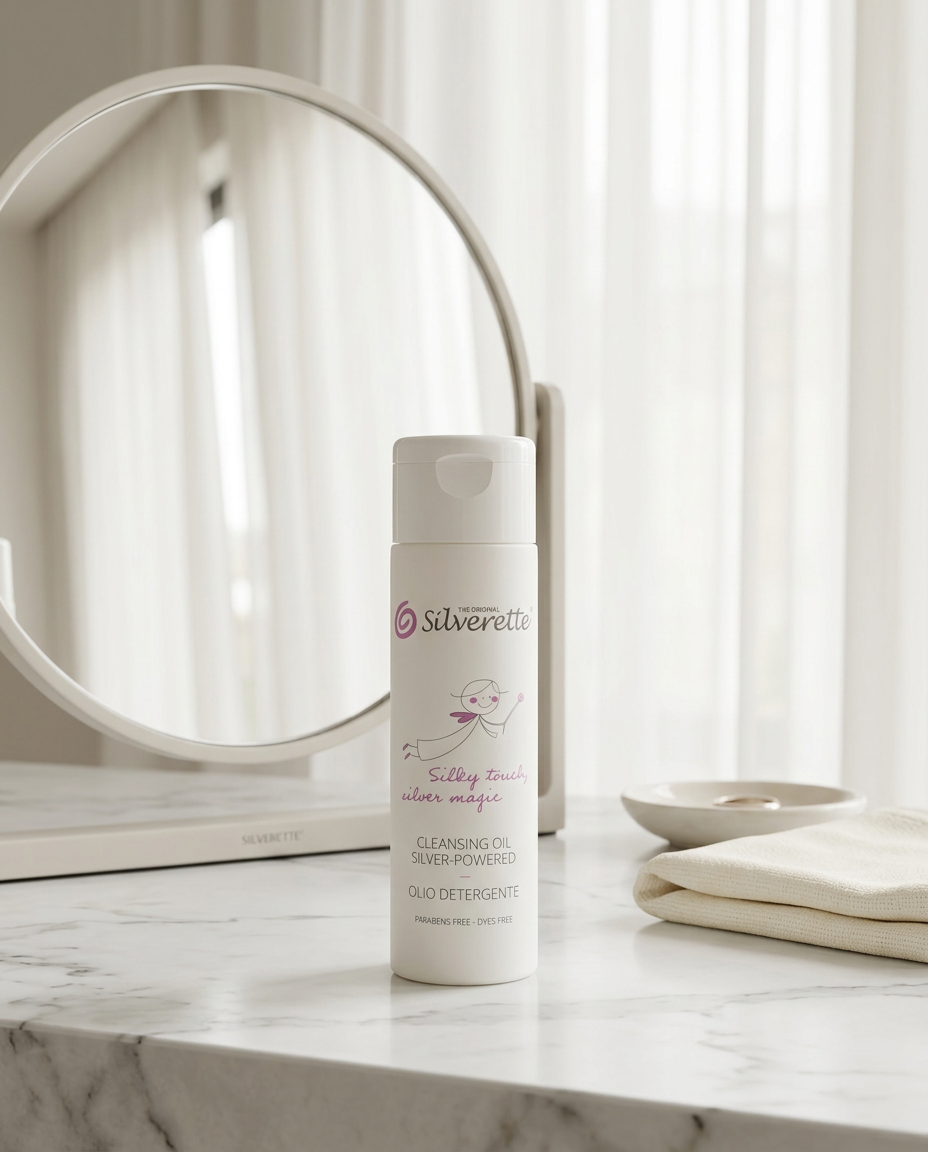 Silverette Cleansing Oil 200ml on a bathroom vanity beside a round mirror