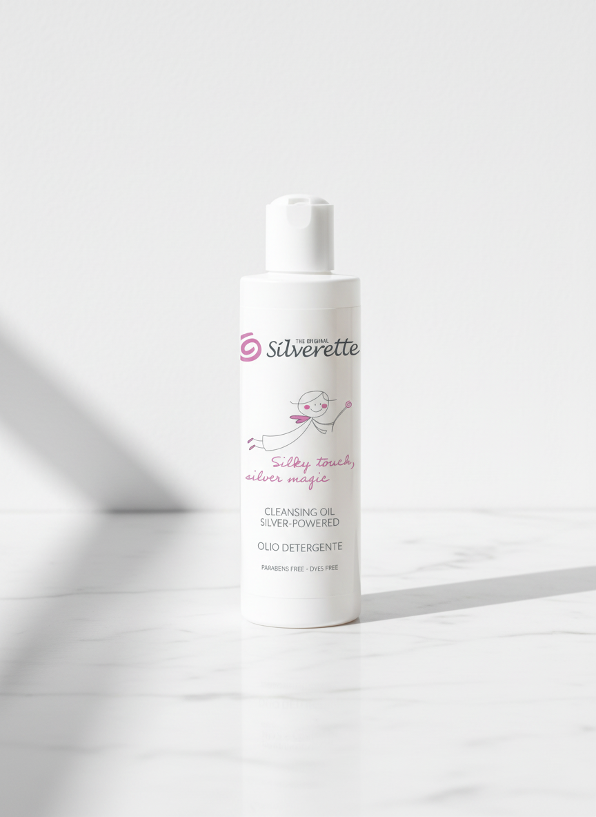 Silverette Silver-Powered Cleansing Oil 200ml bottle on white marble