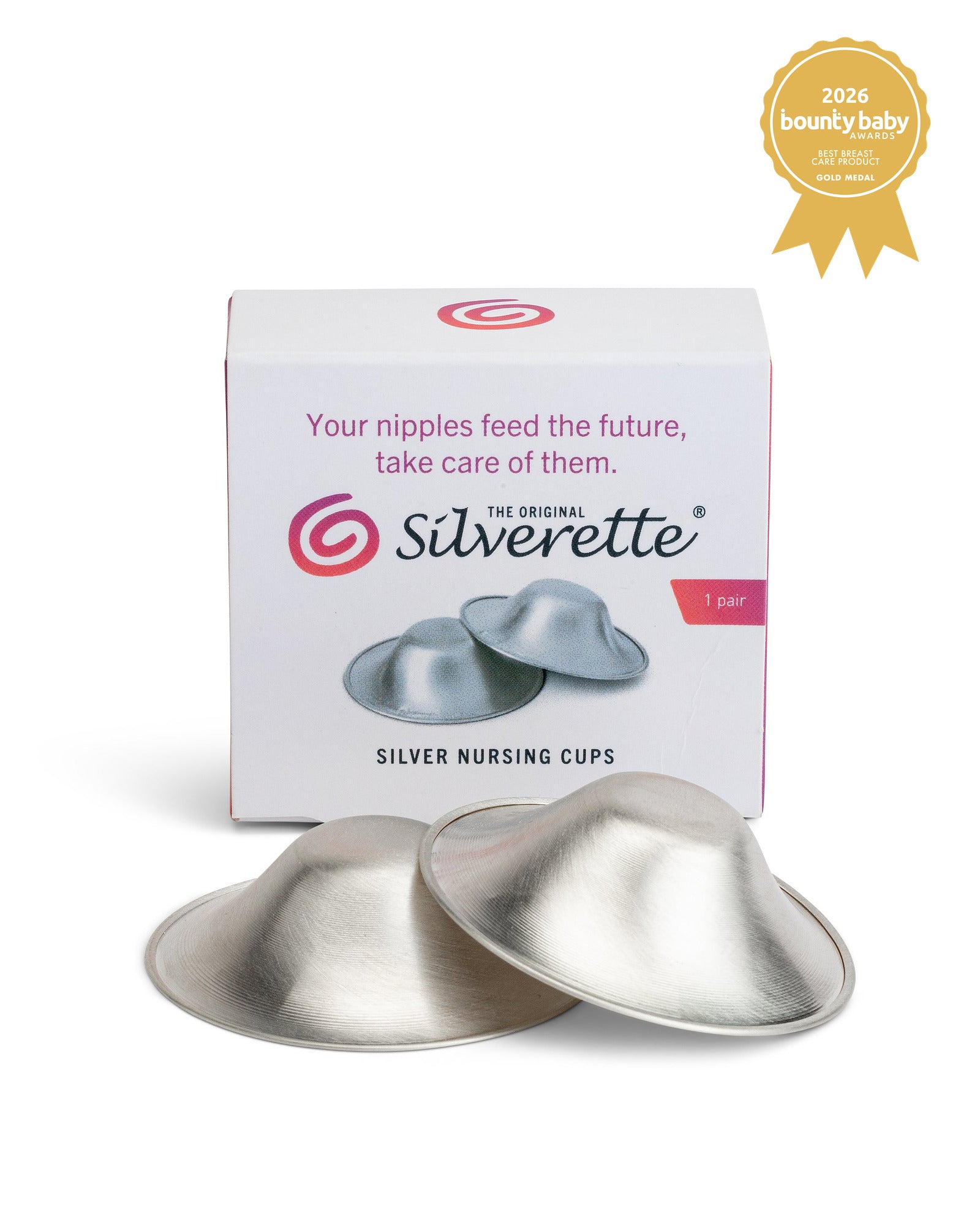Pair of Silverette 925 sterling silver nursing cups in front of their box, with the Bounty Baby Awards 2026 Gold Medal for Best Breast Care Product