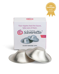 Pair of Silverette 925 sterling silver nursing cups in front of their box, with the Bounty Baby Awards 2026 Gold Medal for Best Breast Care Product
